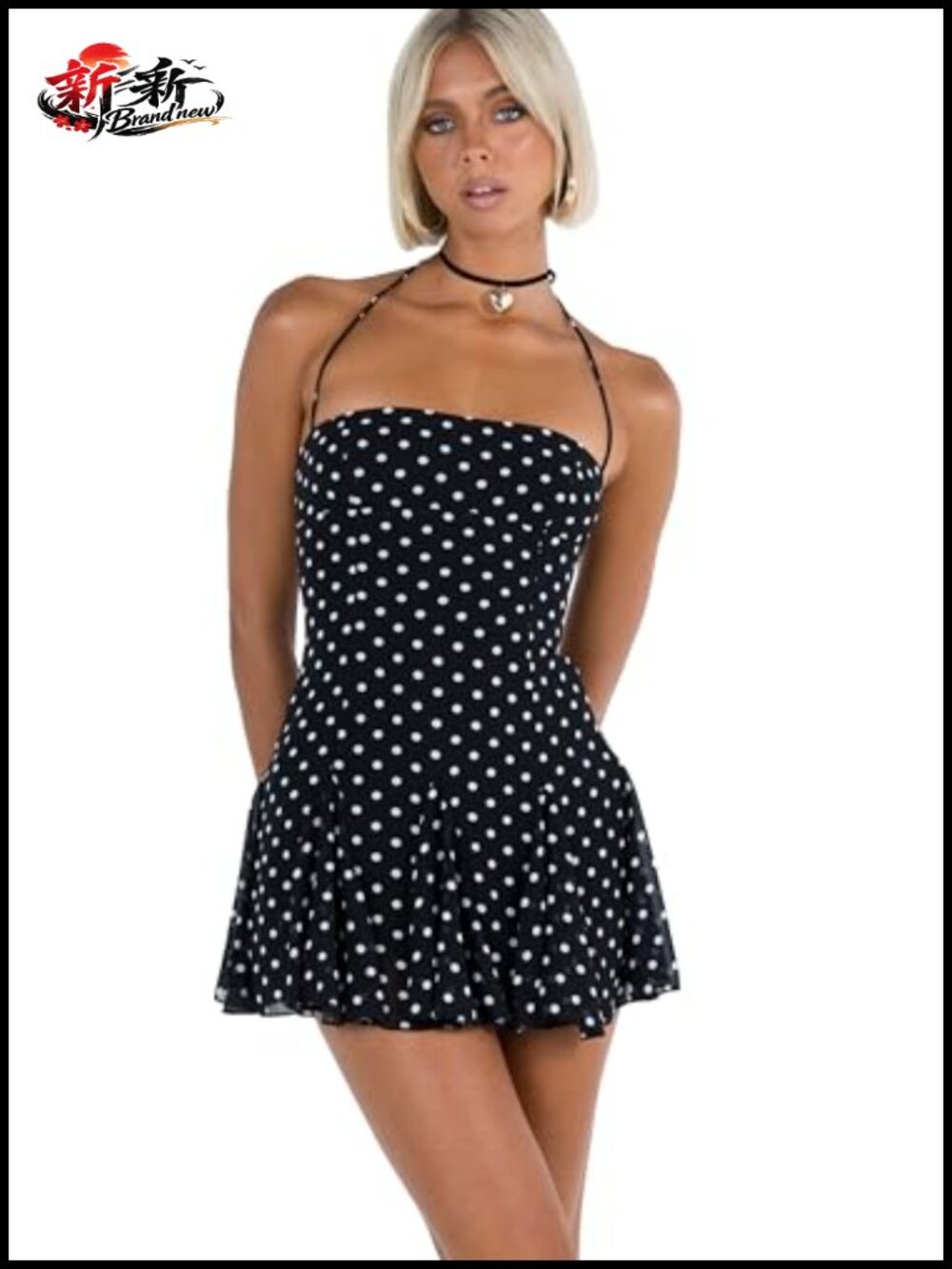 Princess Polly Delamere Mini Dress S/M Black White Polka Dot Halter Sleeveless